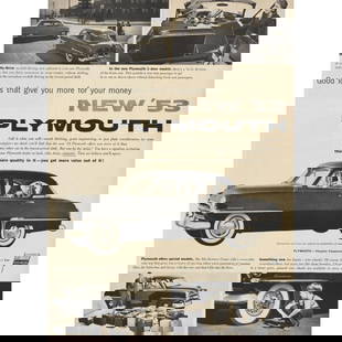 1953 Mid-Century Plymouth Black/White Car Ad: Original Mid-century 1953 car advertisement for Plymouth. Black & white photographs. 10" X 14" mounted on archival linen canvas for preservation.