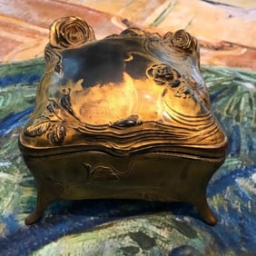 Antique Art Nouveau Gilt Metal Roses Jewel Box