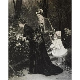 1880s Engraving, Ladies, Child in a Garden
