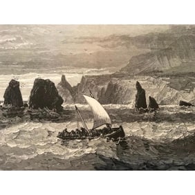 19thc Wood Engraving, Fishing Boat, Sonoma California