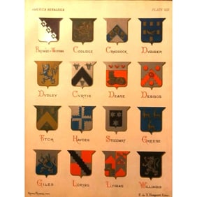 19thc Chromolith, Coat of Arms, Family Crests Bookplate