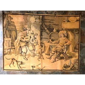 Vintage French Tapestry, Tavern Scene