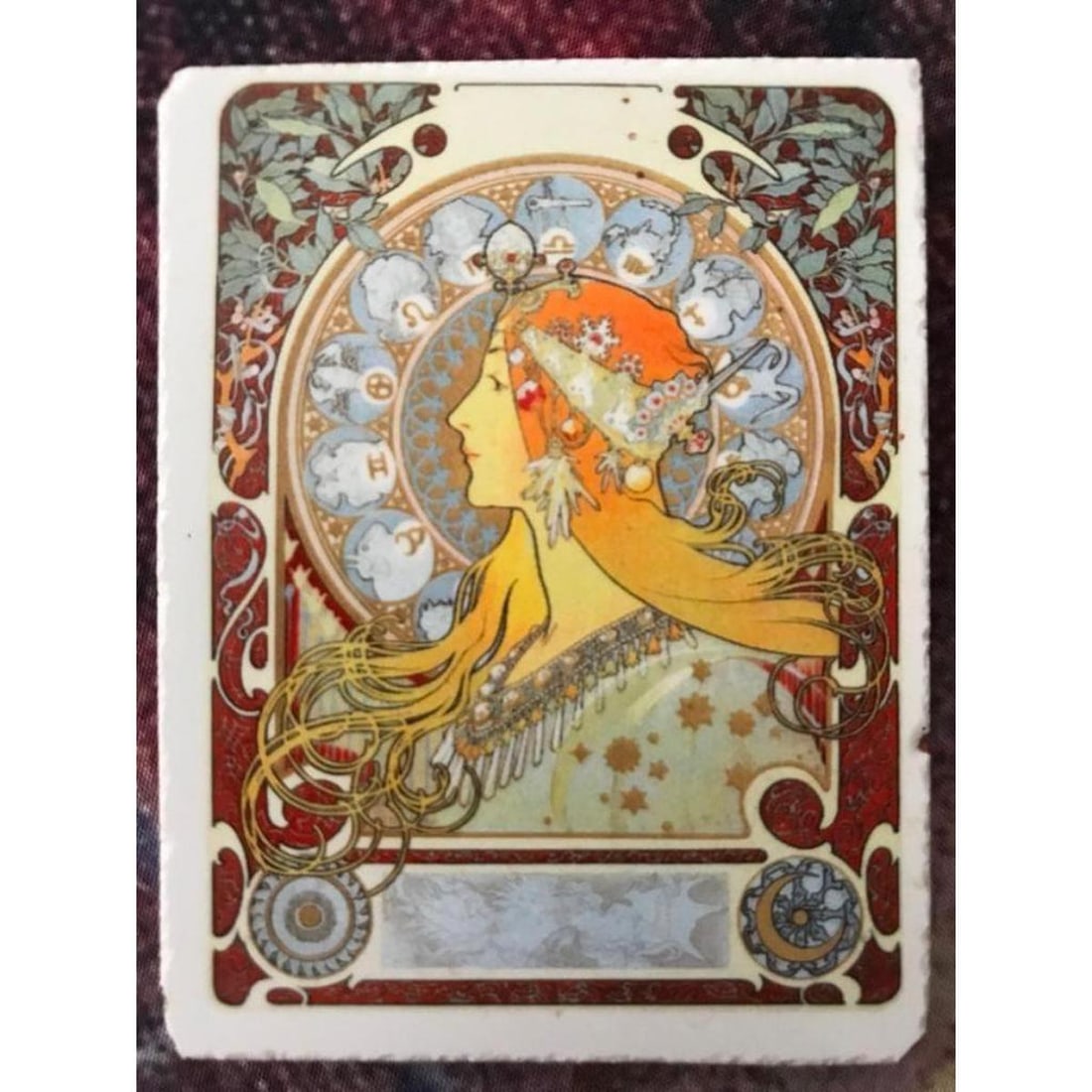 Small Mucha Zodiac Tile: Small 2 1/4" X 3 1/8" terracotta tile with Alphonse Mucha printed illustration, Zodiac.