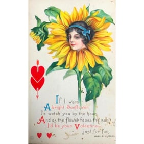 Edwardian Valentines Day Postcard, Sunflower Girl