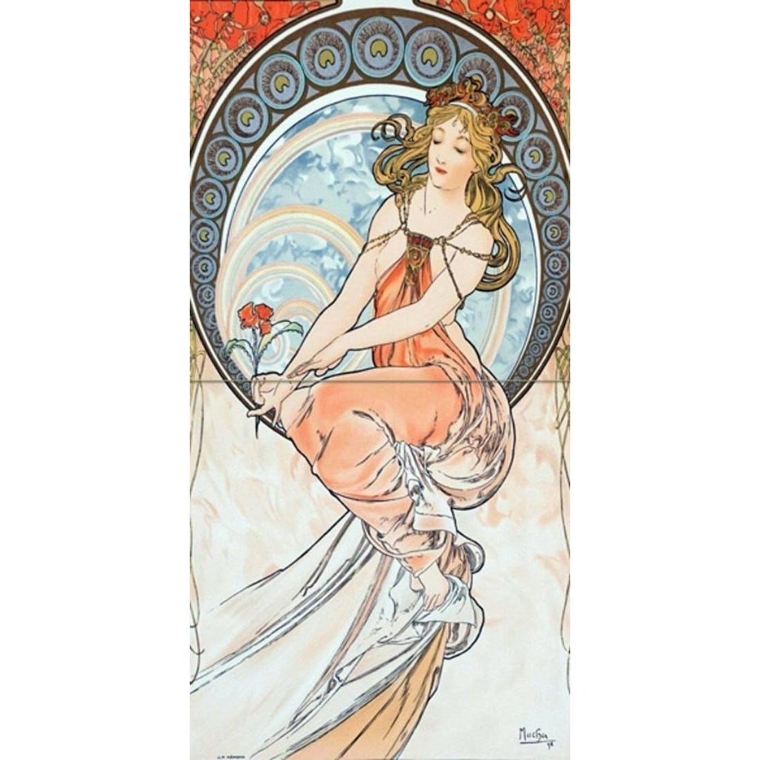After Mucha, Poppy Girl Ceramic Art Tile Mural: After Alphonse Mucha, Girl holding poppies 2-piece ceramic tile mural. Each tile is 4 1/4" square. 8 1/2" height length total.