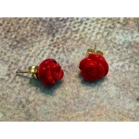 Carved Red Coral Roses 14kt Earrings