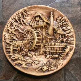 Vintage Mid Century Chalkware Plate, Watermill