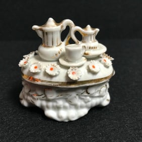 Victorian Porcelain Gilt Tea Set Fairing, Trinket Box