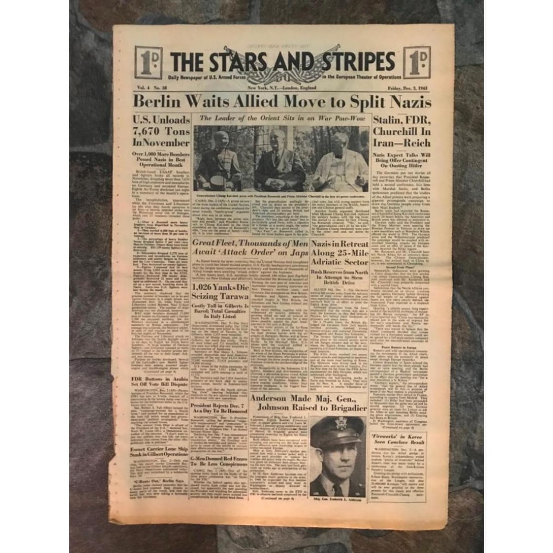 World War II Stars And Stripes Newspaper: The Stars And Stripes newspaper dated December 3, 1943. 4 pages with headline that reads, "Berlin Waits Allied Move to Split Nazis." Various articles, cartoons, advertisements of the day. Article abou