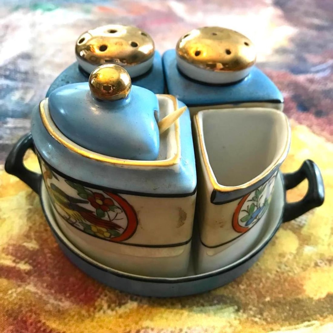 Japanese Chikaramachi Condiment Set: c.1908 Noritake Chikaramachi Japanese lusterware condiment set with floral & birds hand painted decorations. Six pieces - includes salt & pepper shakers, toothpick holder, sugar with lid & small bone