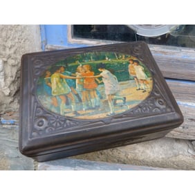 French Art Deco Children Playing Biscuit Tin