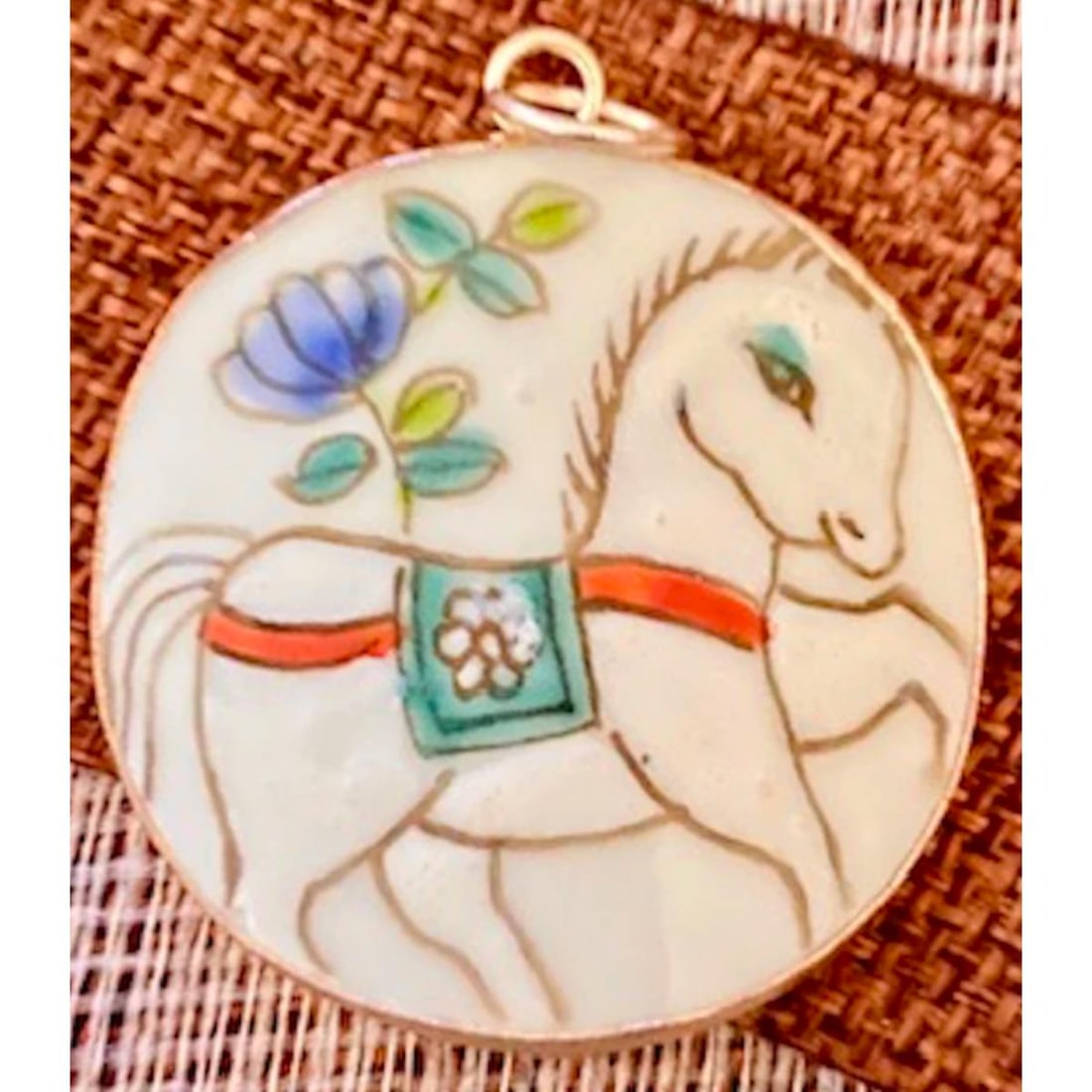 19thc Chinese Porcelain Artifact Horse Pendant: 19th Century Chinese Qing Dynasty broken pottery shard, artifact depicting a white horse, encased into a silver plated bezel pendant. 1 1/2" D.