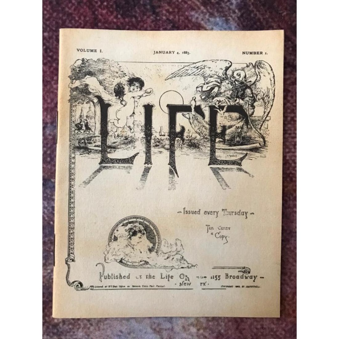 19thc Life Magazine Miniature Booklet: Life Magazine January 4, 1883. Volume 1, Number 1. Miniature magazine, booklet. 3 1/2" X 4 1/2". 14 pages. Miniature but readable with articles, engravings & advertisements.