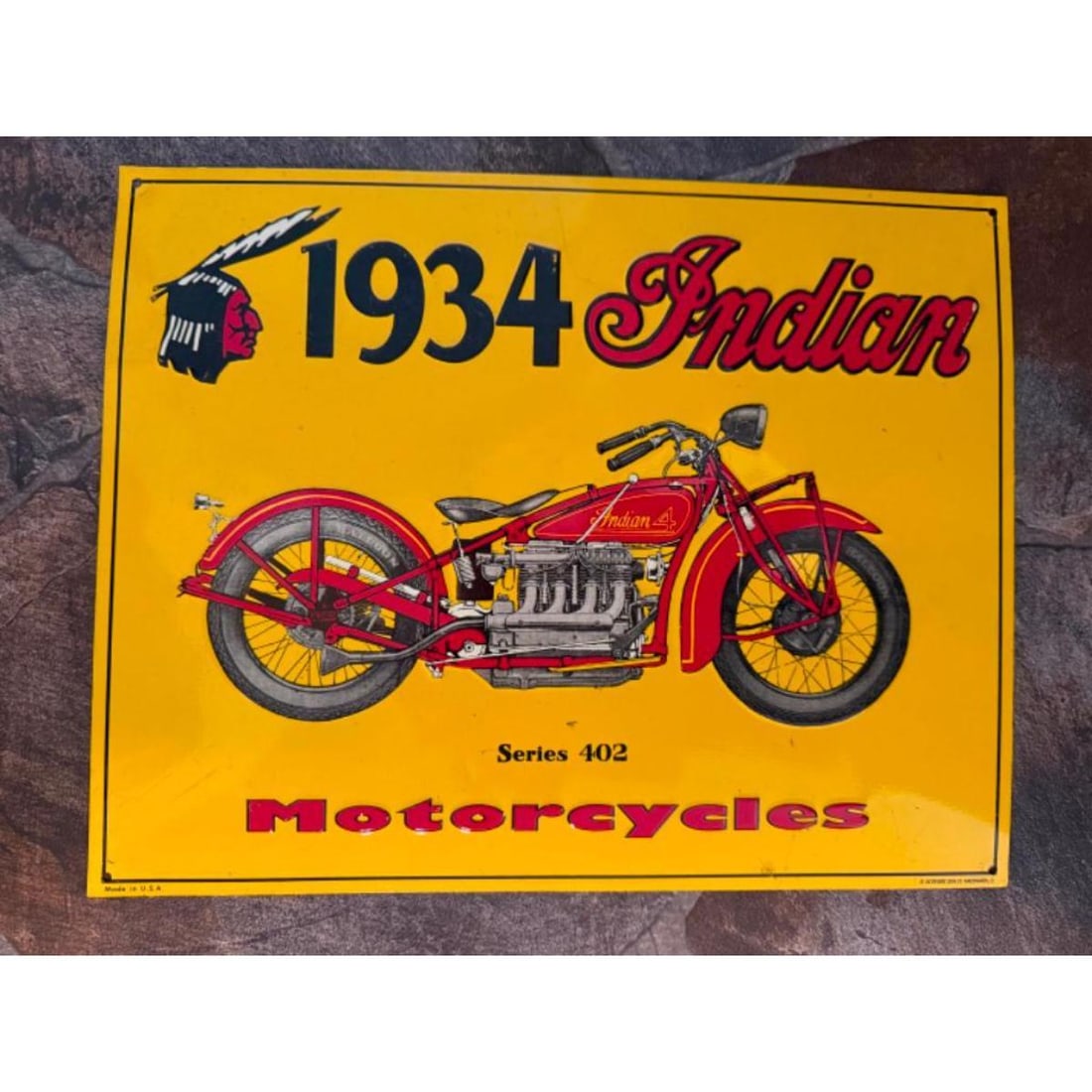 1934 Indian Motorcycles Metal Pub Bar Sign: 1934 Indian Motorcycles metal garage, pub bar sign. 10" X 12 3/4" with pre-drilled holes for mounting. * this sign has been previously mounted.