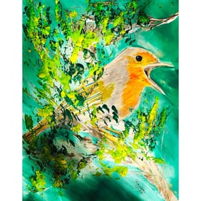 Rockin' Robin Signed Mixed Media Painting