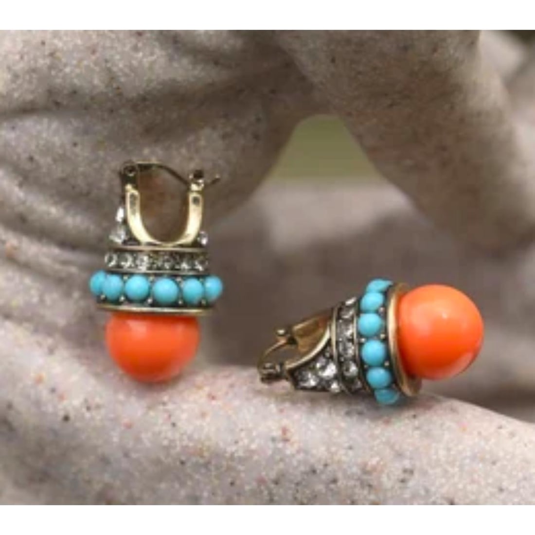 French Artisan Faux Coral, Turquoise Brass Earrings: Lovely pair of French Boules d'oreilles Art Deco-style artisan made earrings. Round faux coral marbles with tiny round faux turquoise beads set in brass, inset with clear crystals. 1" X 3/4" each.
