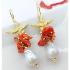 Italian Baroque Pearl Coral Starfish Earrings