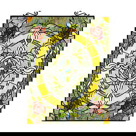 Golden Ring of Roses Stained Art Glass Panel: Golden Ring of Roses stained art glass panel, created using 280 pieces of stained art glass, glass beads & crystals, wrapped in copper foil. Comes with hanging chain. 25" H X 18" W.