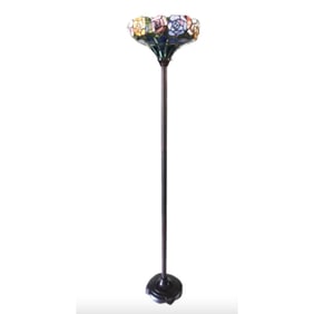 Tiffany Style Rose Stained Art Glass Torchiere Floor Lamp