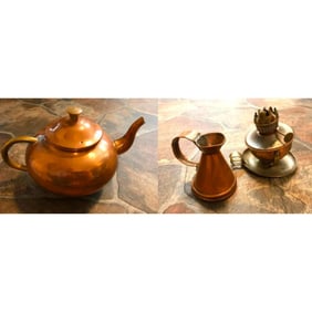 Group of Antique Copper Items, Kettle, Lamp, Pitcher