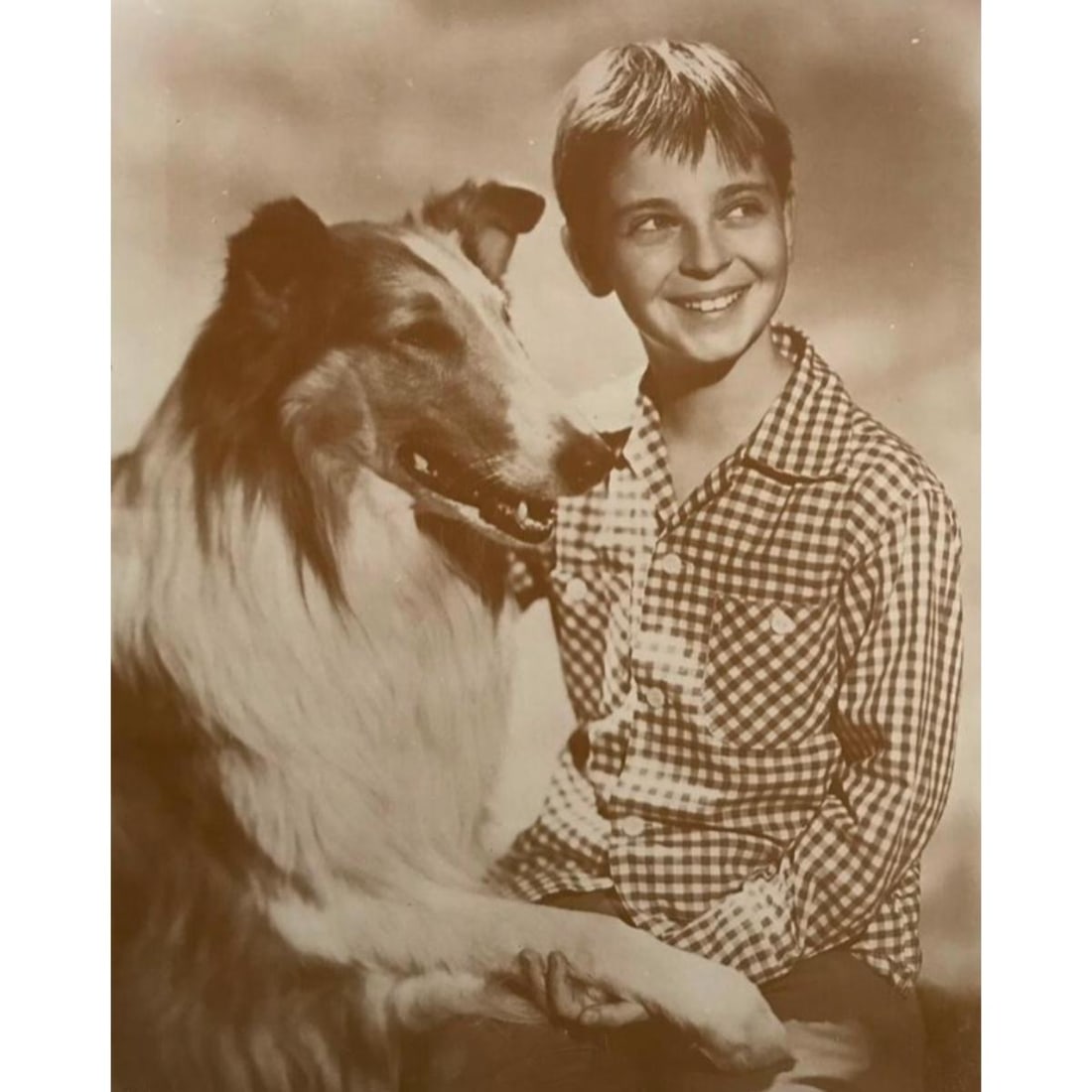 Vintage Television, Lassie Photo Print: Vintage mid-century television show, Lassie, Lassie & Timmy sepia-tone photo print. Created in the early 1990s for The American Heritage Galleries. Printed on heavy card stock, with original packaging