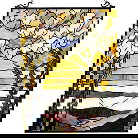 Autumn Valley Stained Art Glass Window Panel: Autumn Valley stained art glass hanging window panel, created using 290 pieces of stained art glass wrapped in copper foil. 25" H X 19" W. Comes with hanging chain.