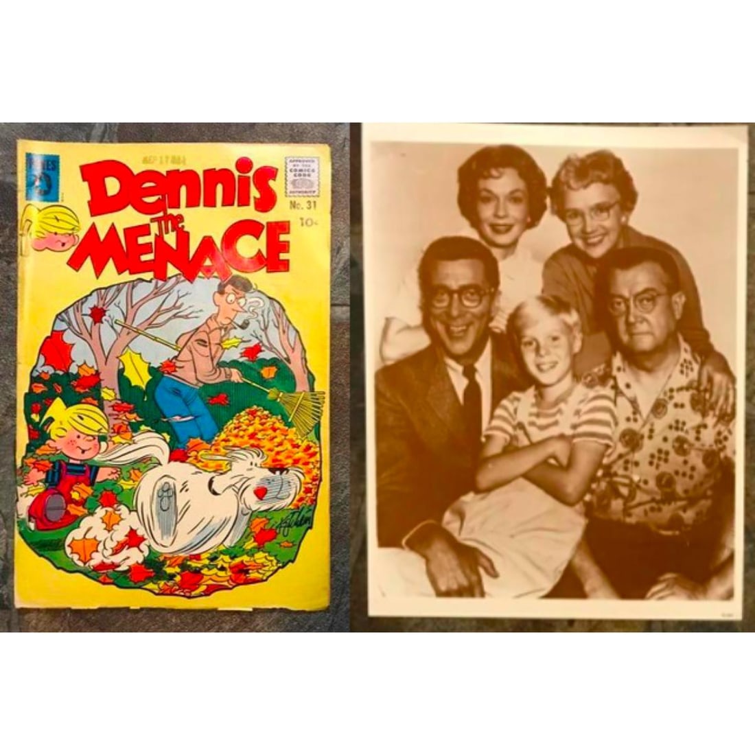 Dennis The Menace Comic Book, Photo Print: Pair of vintage Dennis The Menace items: 1956 Dennis The Menace, No 31 by Pines Comics along with an 11" X 14" sepia-tone photo print of the vintage television show Dennis The Menace that was created