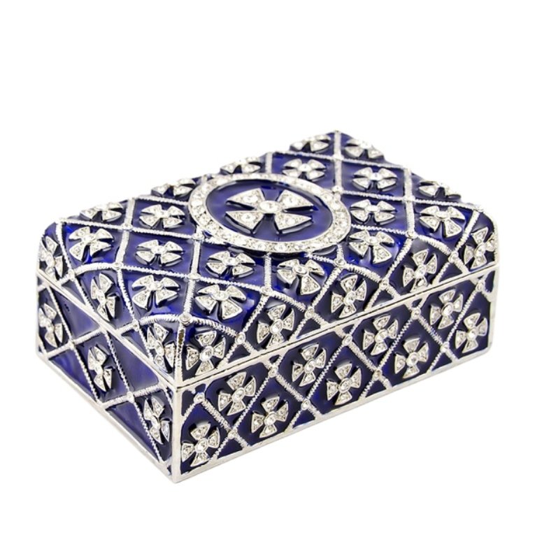 Cross Faberge Jewelry Box: This box has blue translucent enamel under the crystal ornamentations in the form of crosses. FabergeÕs superb enameling technique is regarded as one of his main contributions to art at the end of th