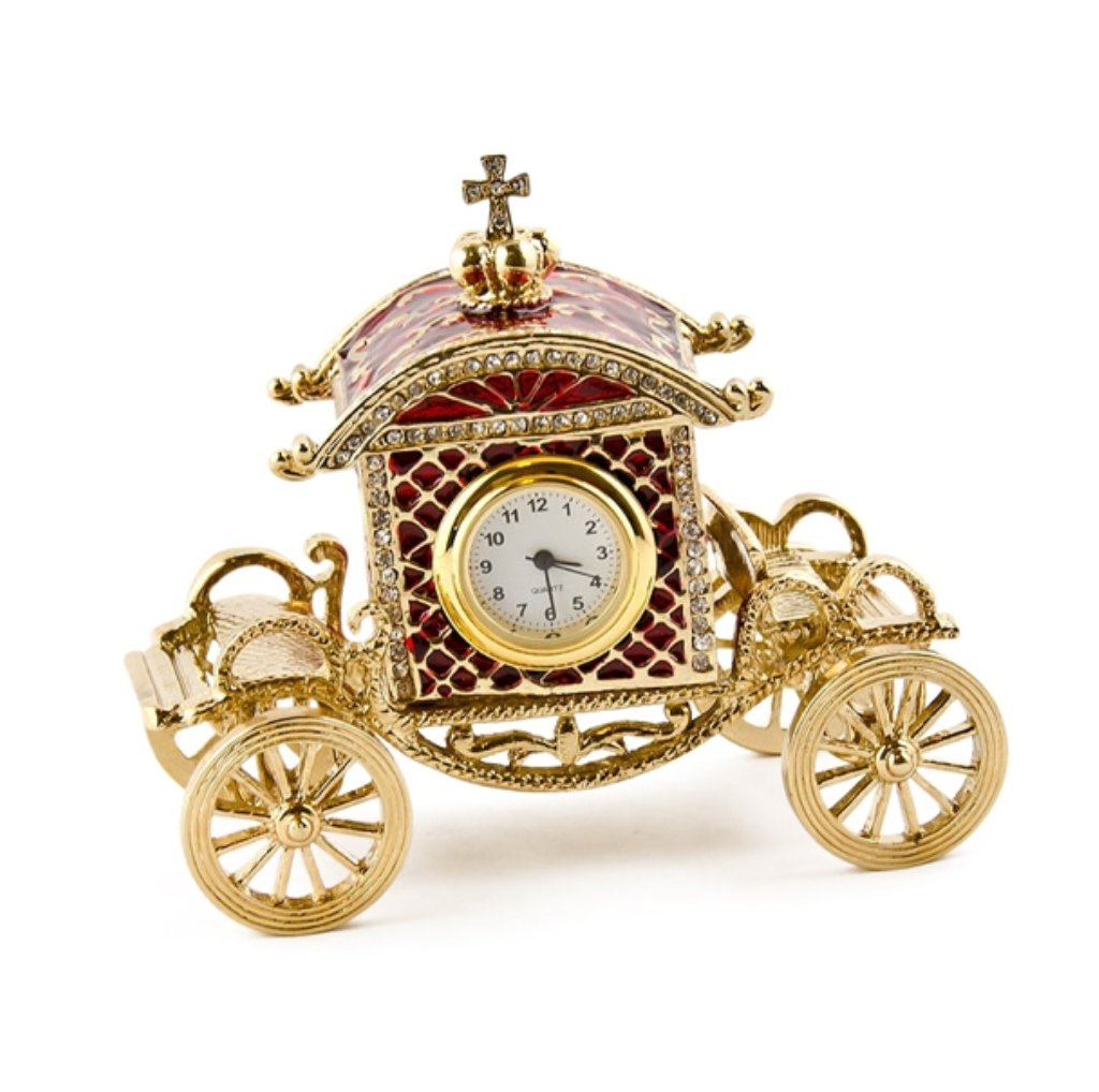 Faberge Inspired Trinket Coach: Magnificently crafted using glossy red enamel applied on yellow golden plated metal ornamented in miniature crystals, this coach jewelry box is a true piece of art. The art piece comes out in 3 pieces