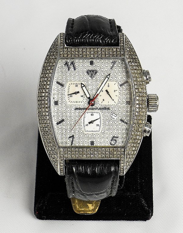 Men's Aqua Master Fashion Watch: Men's Aqua Master Black Leather Banded Fashion Watch. Face And Case Is Covered In Quartz Crystals With Odd Numbers And Reflective Squares At Even Numbers. This Analog Watch Has Glow In The Dark Dials 