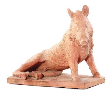 Terracotta Boar Recumbent On Matching Plinth: Terracotta boar recumbent on matching plinth. H19 1/4in W20 1/2in D21 3/4in Provenance: Estate of Irl Paul & Barbara Middleton, Atlanta, Georgia.