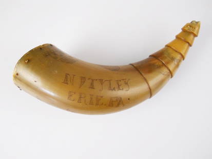 Engraved Eire, PA powder horn, dated 1861: Engraved Eire, PA powder horn, dated 1861, Measures 6.5 inches length.