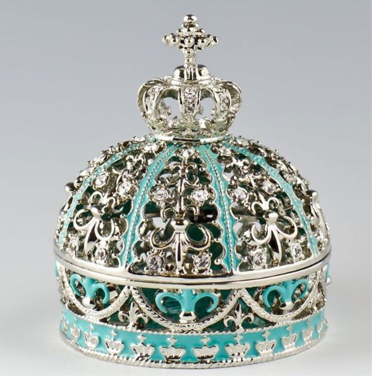Imperial Crown Faberge Inspired Jewelry Box: Faberge Inspired Imperial Crown Jewelry Box Features: ¥2.75'' (H) X 2.25'' (D) ¥Pewter, Crystals, Enamel This jewelry box has blue translucent enamel under the crystal ornamentations in the form of
