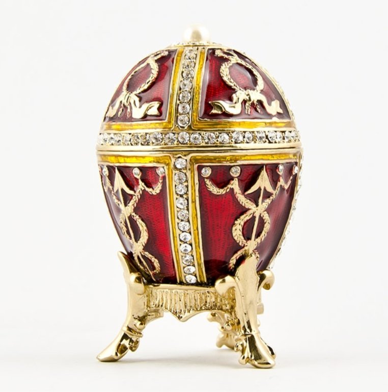 Miniature Faberge Inspired Rosebud Egg: 2.5'' (H) X 1.5'' (D) Pewter, Crystals, Enamel Faberge is a trademark of Pallinghurst Resources LLP. This piece of art should not be associated with Pallinghurst Resources LLP, Faberge Limited Co. who