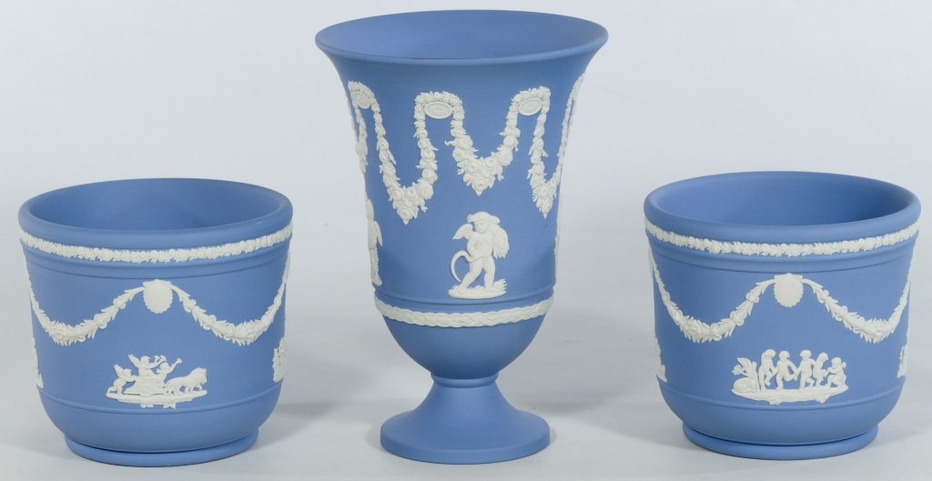 Wedgwood Blue Jasperware Vases Collection: Wedgwood Blue Jasperware Vases (3 pcs), Wedgwood Blue Jasperware Vases (3 pcs) | DIMENSIONS: Tallest Height 7 1/2 inches | CONDITION: Very Good Condition