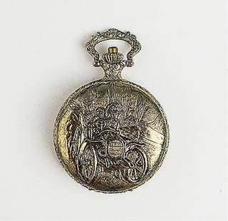 Men's Ornately Carved Pocket Watch: Men's Ornately Carved Pocket Watch. The Watch Is Carved On The Front With An Old Car And The Back Is Ornately Carved. It Is Gold Colored. It Has A White Face And Black Numbers Accented With A Train
