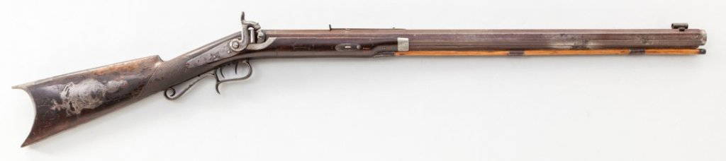 1850s Percussion Target Rifle: 1850s Percussion Target Rifle, by Ebenezer Dewey, Amber, NY, NVSN, approx. .40 cal., 29'' octagon barrel, plum finish, German silver decorative motifs, pewter forend cap, double set triggers, globe