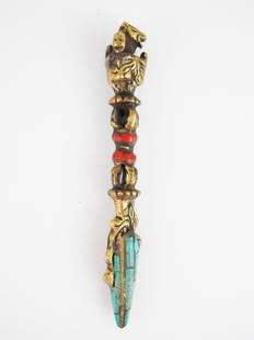 Tibet Buddhist Amulet/Ritual Ceremonial Dagger: Tibet Buddhist Amulet/Ritual Ceremonial Dagger/Brass box, Brass/Red and blue stones, Size approx 14 cm x 3.2 cm This is a very beautiful and exquisite handmade Tibetan Amulet from Nepal