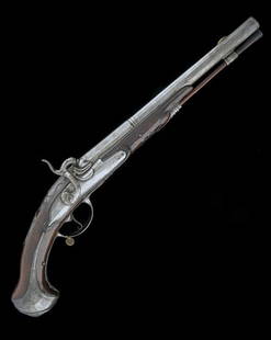 A 16-bore percussion single shot pistol signed: A 16-bore percussion single shot pistol signed Fioni? A Liege, no visible serial number