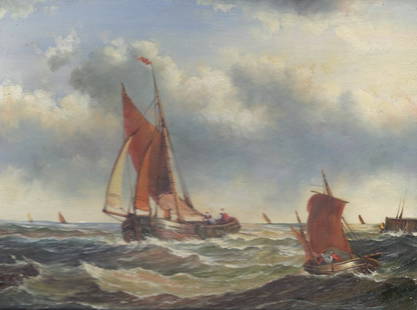 5x7 Oil on Board Depiciting Sailboats at Sea Scene: 5x7 Oil on Board Depiciting Sailboats at Sea Scene