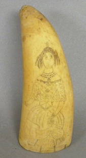 Scrimshaw Portrait of a Lady-decorated Whales Toot: Scrimshaw Portrait of a Lady-decorated Whales Tooth, , lg. 4 in.