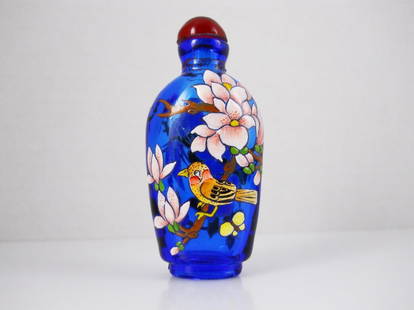 Hand Painted Chinese Glass Bottle: Hand Painted Chinese Glass Bottle depicting birds and lotus flowers