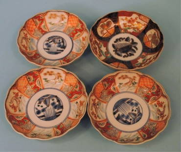 Four Japanese Fluted Imari Bowls, Miji c1880: Four Japanese Fluted Imari Bowls, Miji c1880: three 6"w matching with garden medallion and brocaded panels, one 6"w gilded "Royal Peach."