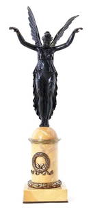 French bronze sculpture of Victory 19th century,: French bronze sculpture of Victory 19th century, standing winged Goddess above molded gold marble column adorned with mounts, unsigned. H22in W8in Provenance: Estate of Irl Paul & Barbara Middleton,