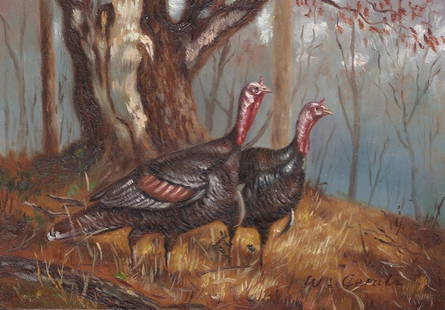 5x7 Oil on Board Depiciting Wild Turkey Scene: 5x7 Oil on Board Depiciting Wild Turkey Scene, Signed W. Ceruti