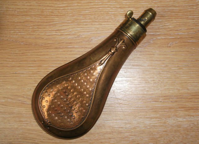 A C &J.W Hawksley Powder Flask: A C & J.W Hawksley Powder Flask with Panel and Fleur De-Lys Embossed Body, measures 8 inches