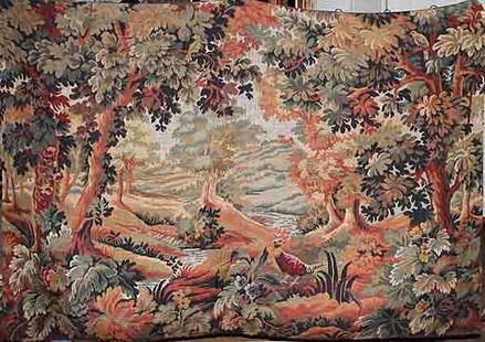 FRENCH TAPESTRY, 55 1/2" X 77" Huge: FRENCH TAPESTRY, 55 1/2" X 77":Depicting an exterior scene with leafy green tress, flowers and birds