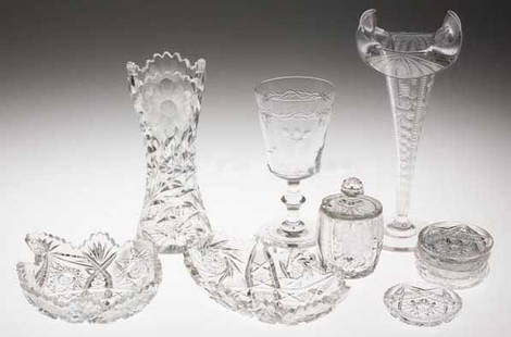 AMERICAN BRILLIANT CUT GLASS ARTICLES: AMERICAN BRILLIANT CUT AND OTHER GLASS ARTICLES, LOT OF 11, colorless, comprising two vases, two small serving dishes, a goblet, mustard pot and five butter pats. 19th/20th century. Largest vase 10"