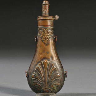 Hunting Powder Flask: Hunting Powder Flask, c. mid-19th century, brass body with stamped designs, brass spout with measure, four iron loops attached to side for sling, lg. 8 1/2 in.