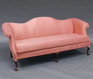 Chippendale-style Upholstered Sofa: Chippendale-style Upholstered Camel-back Mahogany Sofa, 20th century, ht. 35, wd. 80, dp. 34 in.